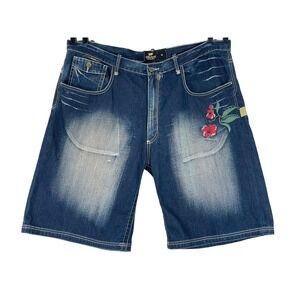 AKADEMIKS Denim Shorts Mens 44x12 Hip Hop Baggy Denim Embroidered Poppy Studs